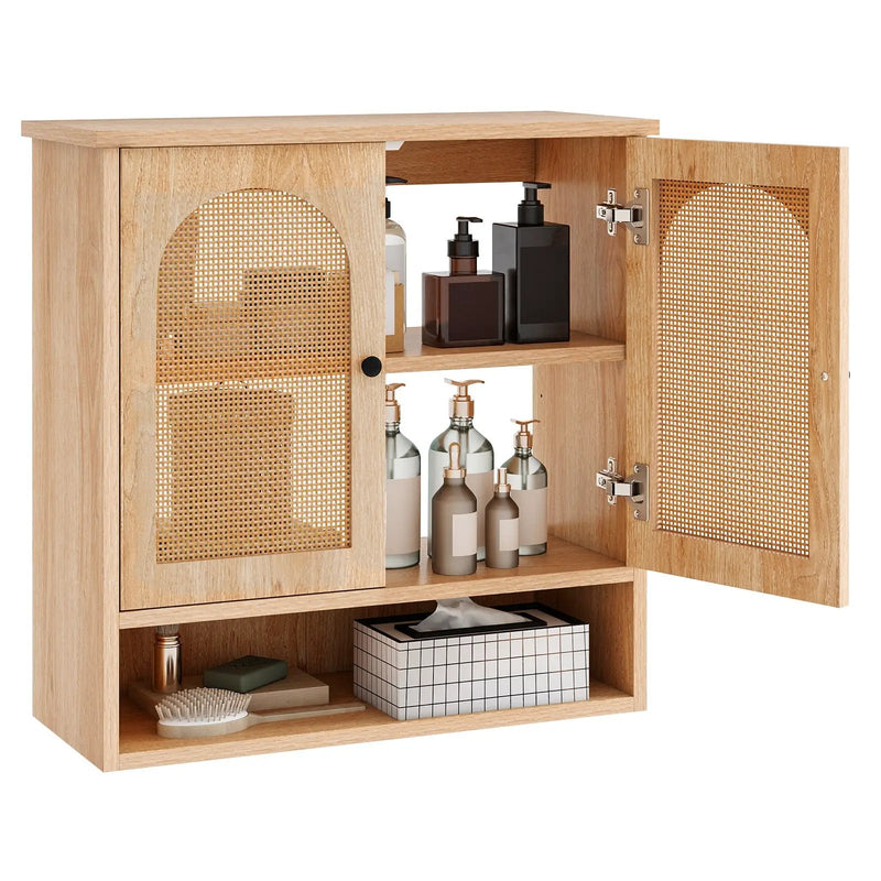 Bathroom Wall Cabinet with PE Rattan Doors and Adjustable Shelves-Natural by DirectDeals