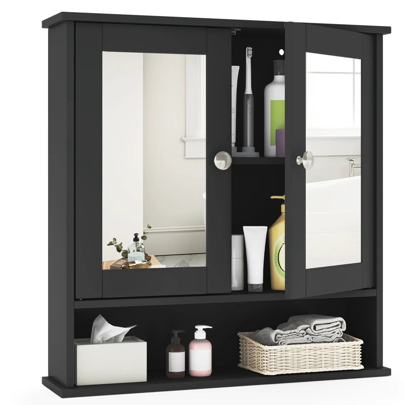 Double Door Wall-Mounted Bathroom Mirror Cabinet with Storage Shelf by DirectDeals