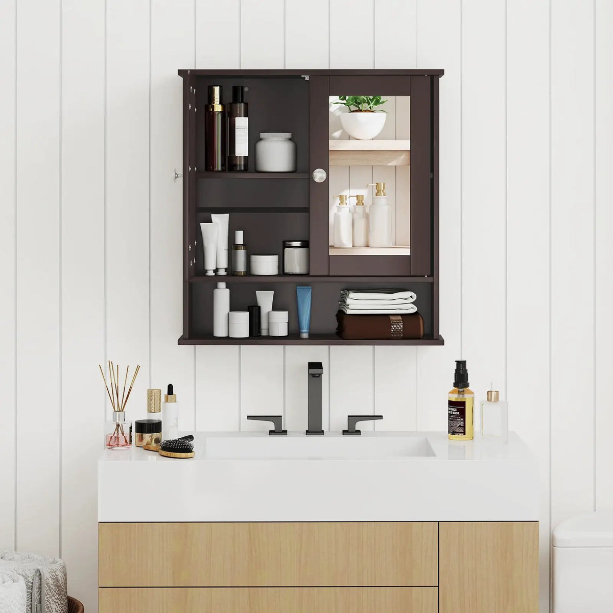 Double Door Wall-Mounted Bathroom Mirror Cabinet with Storage Shelf by DirectDeals