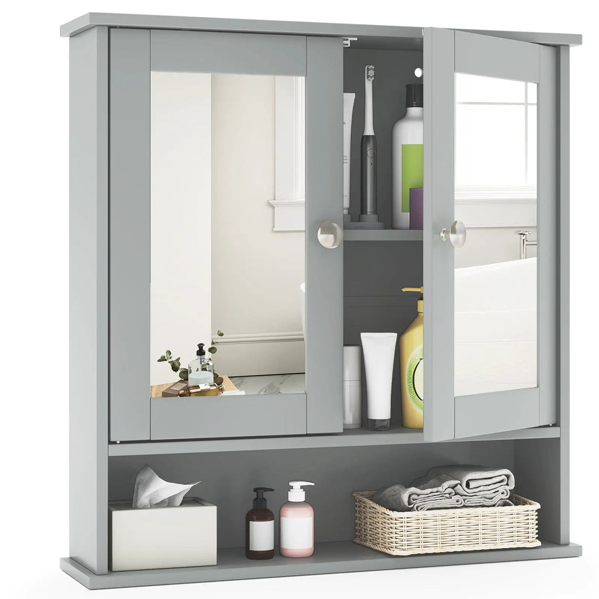 Double Door Wall-Mounted Bathroom Mirror Cabinet with Storage Shelf by DirectDeals