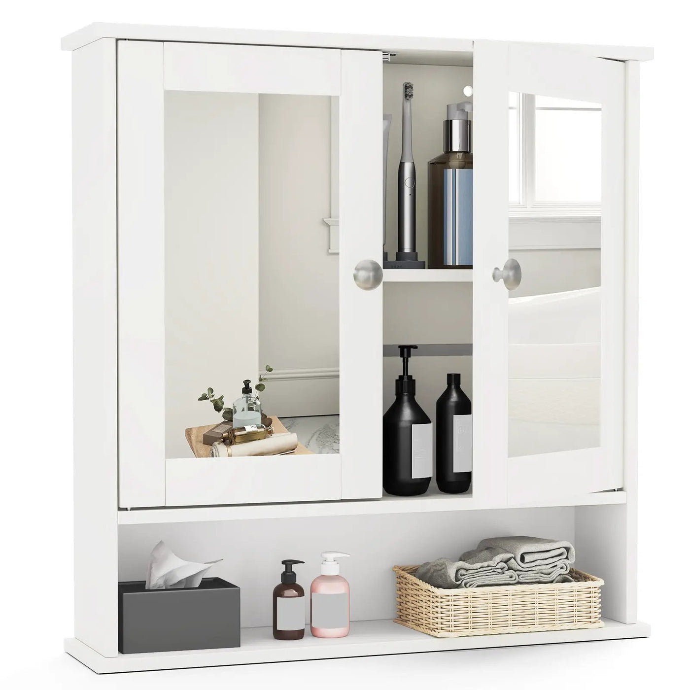 Double Door Wall-Mounted Bathroom Mirror Cabinet with Storage Shelf by DirectDeals