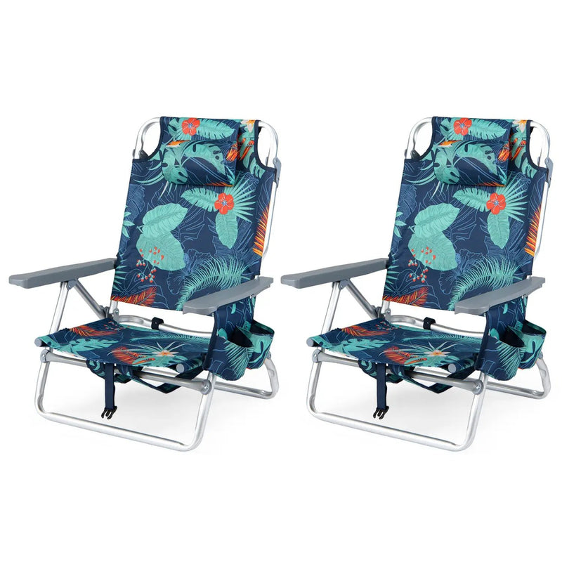 Beach Chairs Set of 2 Portable Folding Backpack Recliners with 5-Position Backrest and Padded Headrest by DirectDeals