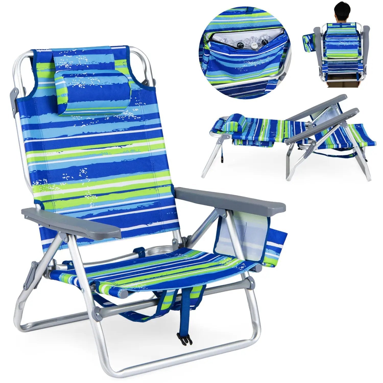 Beach Chairs Set of 2 Portable Folding Backpack Recliners with 5-Position Backrest and Padded Headrest by DirectDeals