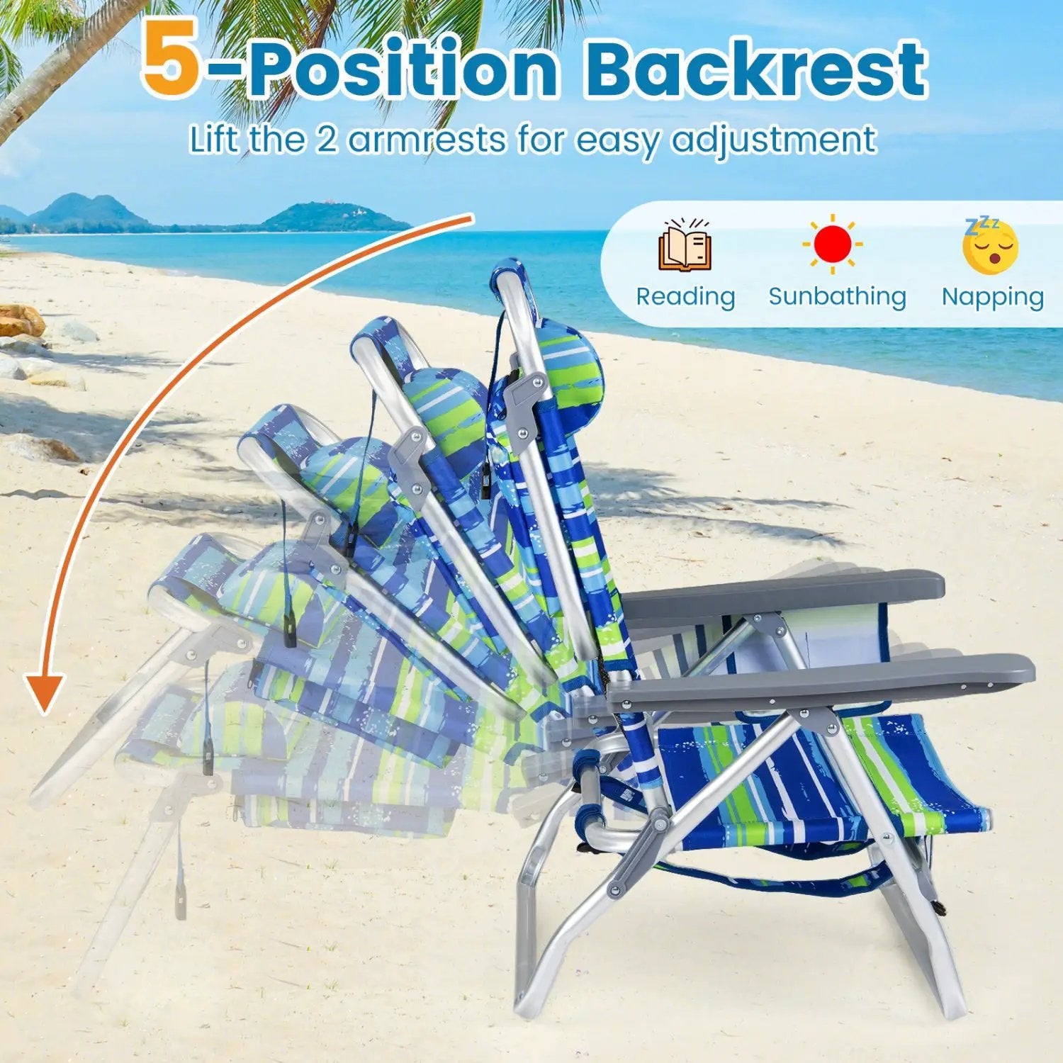 Beach Chairs Set of 2 Portable Folding Backpack Recliners with 5-Position Backrest and Padded Headrest by DirectDeals