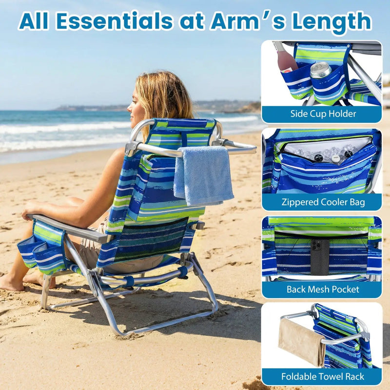 Beach Chairs Set of 2 Portable Folding Backpack Recliners with 5-Position Backrest and Padded Headrest by DirectDeals
