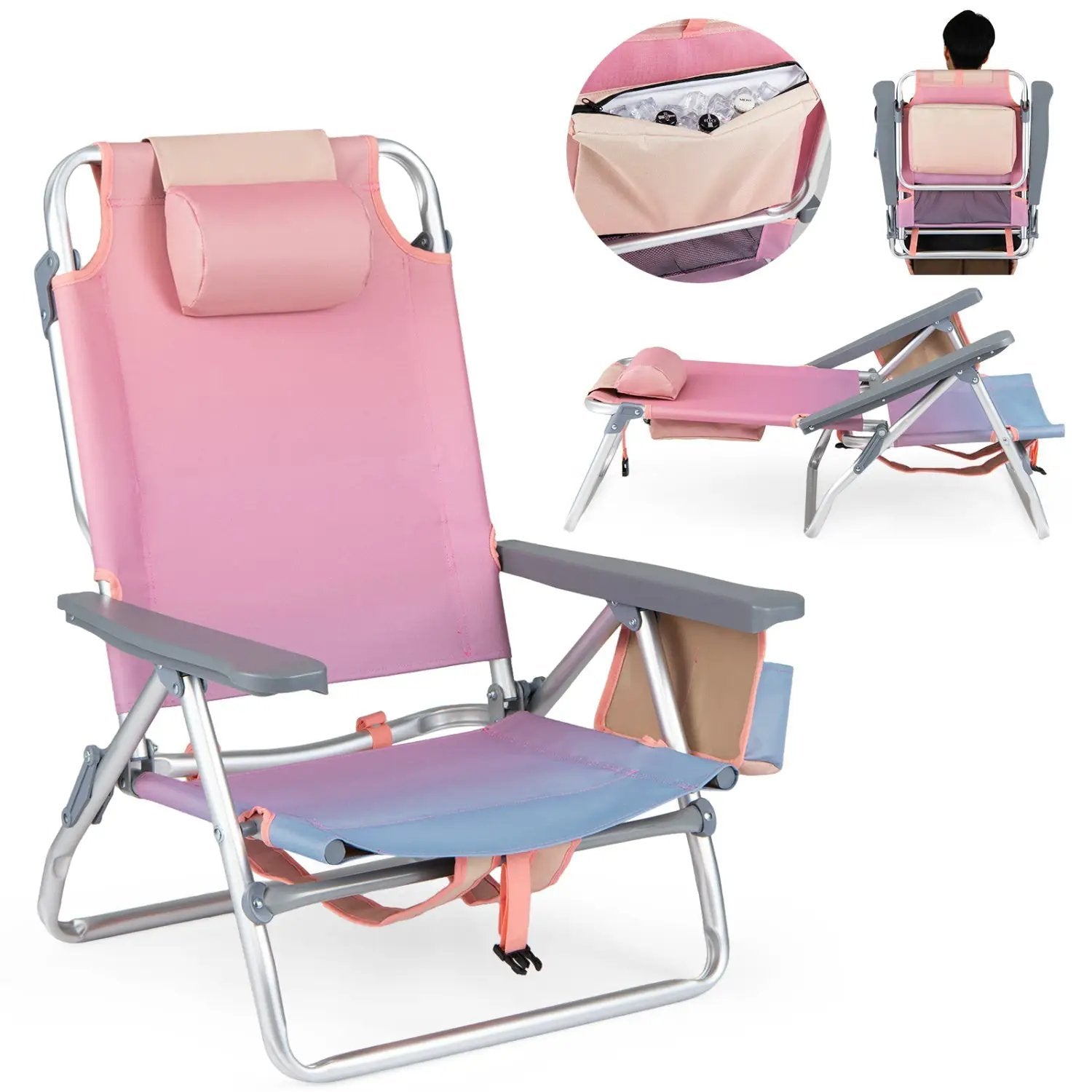 Beach Chairs Set of 2 Portable Folding Backpack Recliners with 5-Position Backrest and Padded Headrest by DirectDeals