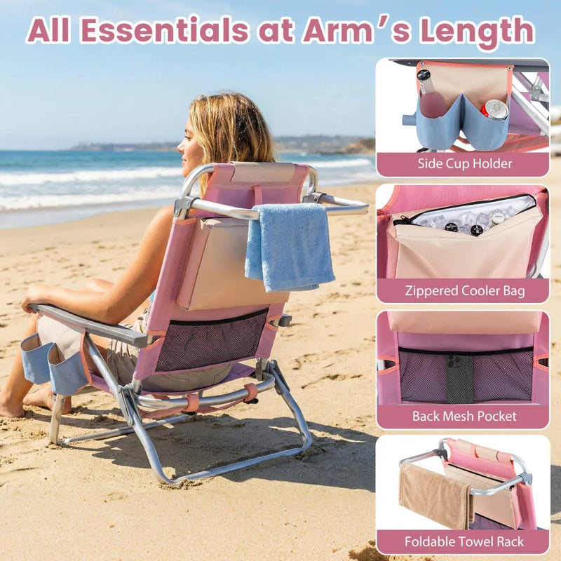 Beach Chairs Set of 2 Portable Folding Backpack Recliners with 5-Position Backrest and Padded Headrest by DirectDeals