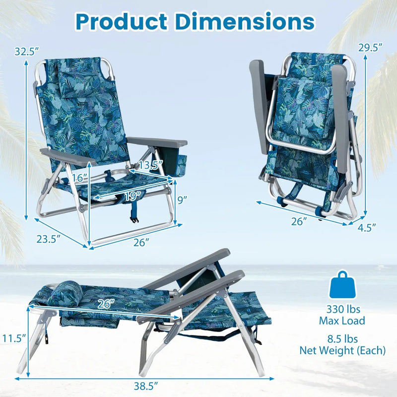 Beach Chairs Set of 2 Portable Folding Backpack Recliners with 5-Position Backrest and Padded Headrest by DirectDeals