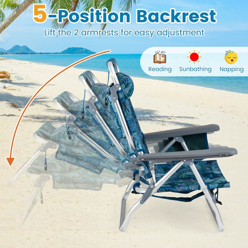 Beach Chairs Set of 2 Portable Folding Backpack Recliners with 5-Position Backrest and Padded Headrest by DirectDeals