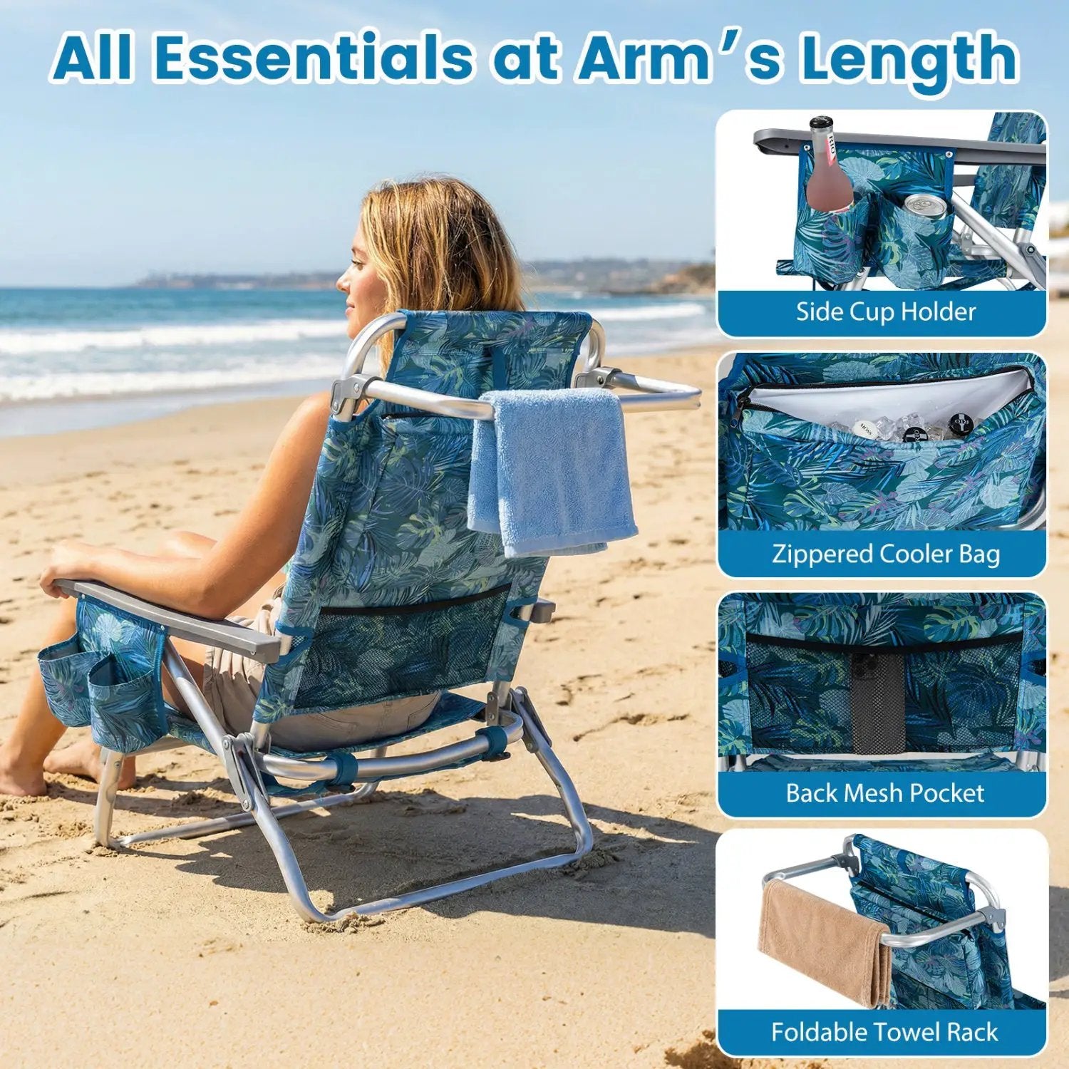 Beach Chairs Set of 2 Portable Folding Backpack Recliners with 5-Position Backrest and Padded Headrest by DirectDeals
