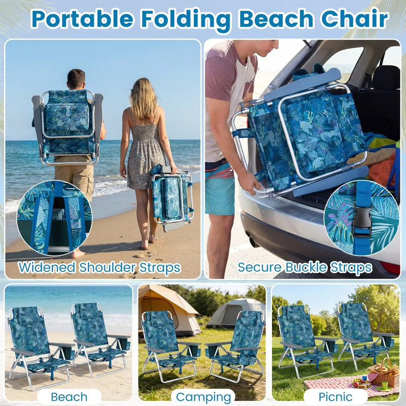 Beach Chairs Set of 2 Portable Folding Backpack Recliners with 5-Position Backrest and Padded Headrest by DirectDeals