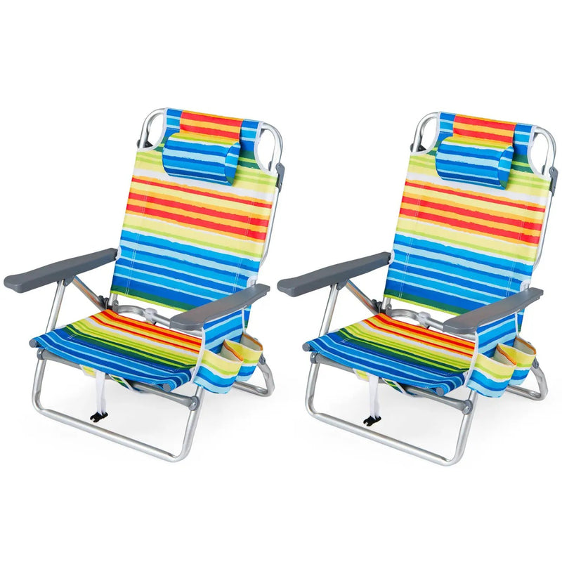 Beach Chairs Set of 2 Portable Folding Backpack Recliners with 5-Position Backrest and Padded Headrest by DirectDeals