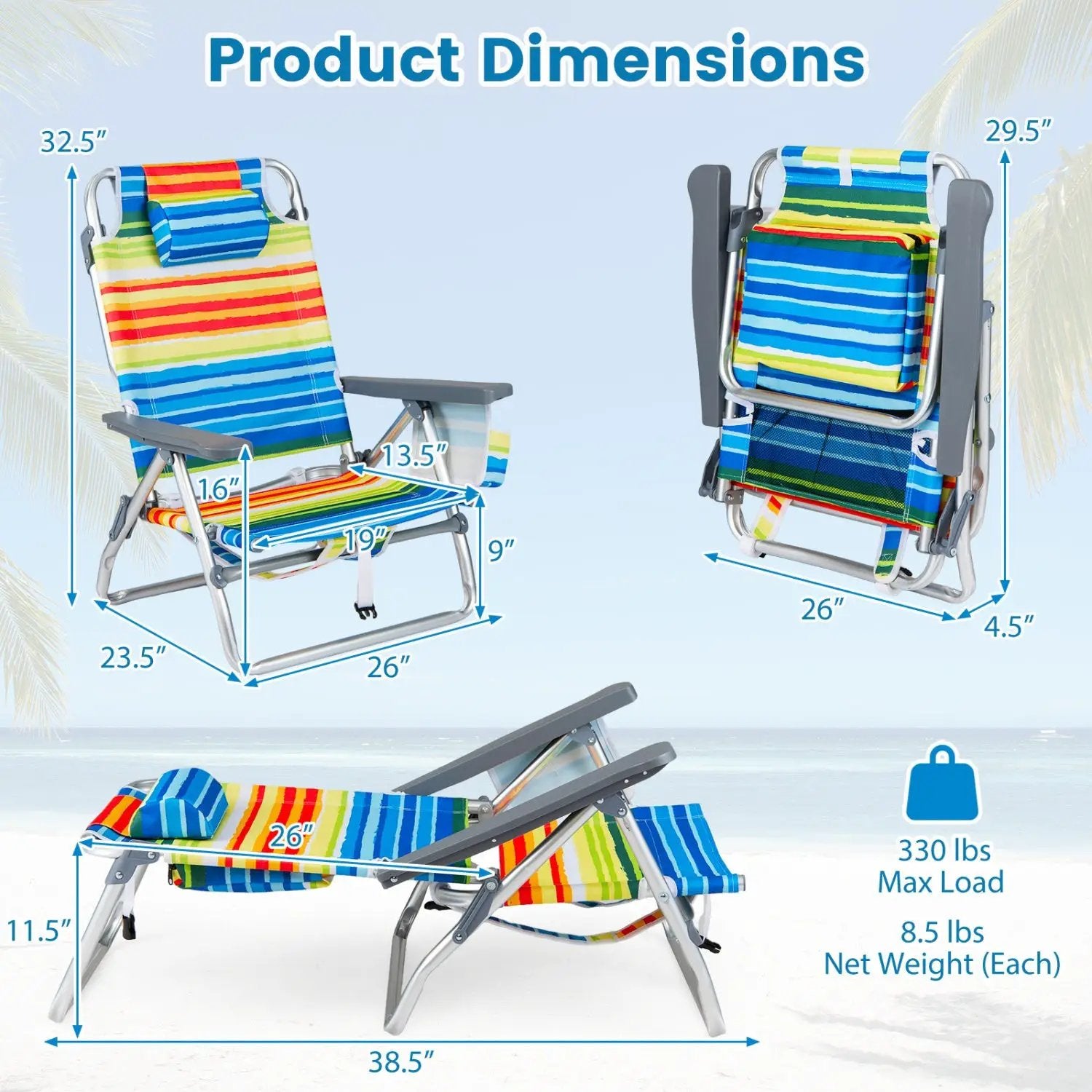 Beach Chairs Set of 2 Portable Folding Backpack Recliners with 5-Position Backrest and Padded Headrest by DirectDeals