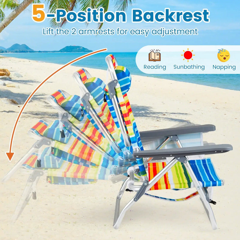 Beach Chairs Set of 2 Portable Folding Backpack Recliners with 5-Position Backrest and Padded Headrest by DirectDeals
