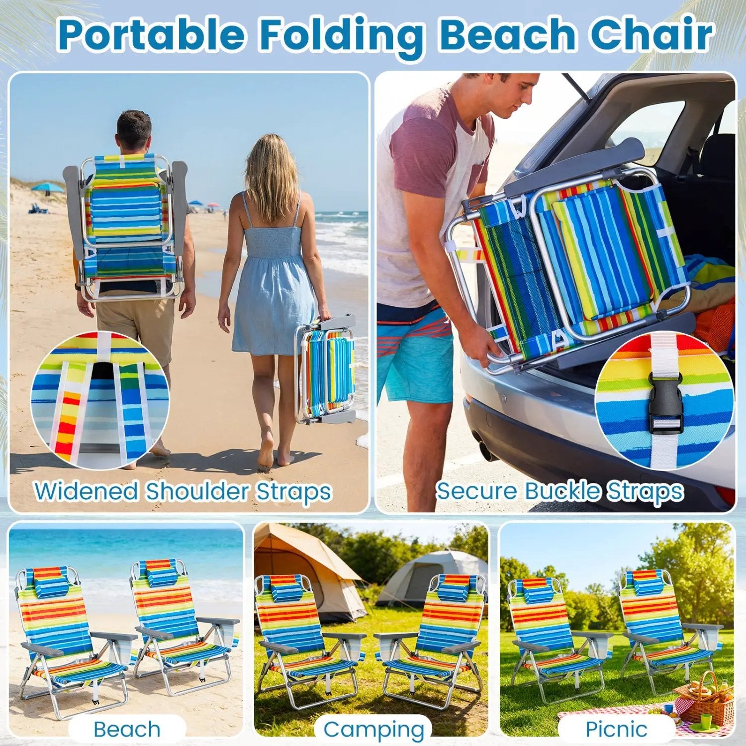 Beach Chairs Set of 2 Portable Folding Backpack Recliners with 5-Position Backrest and Padded Headrest by DirectDeals