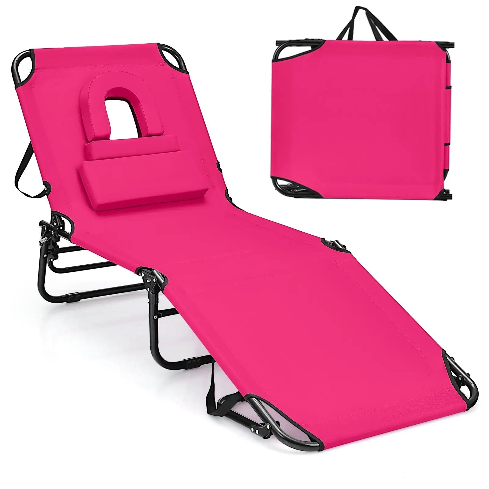 Beach Chaise Lounge Chair with Face Hole and Removable Pillow-Pink by DirectDeals