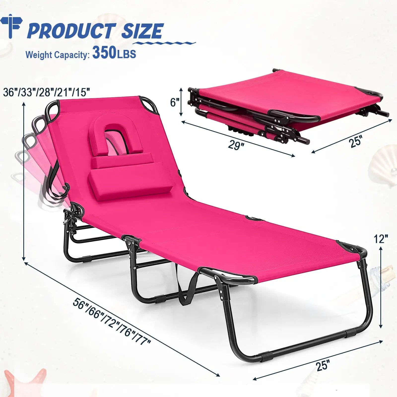 Beach Chaise Lounge Chair with Face Hole and Removable Pillow-Pink by DirectDeals
