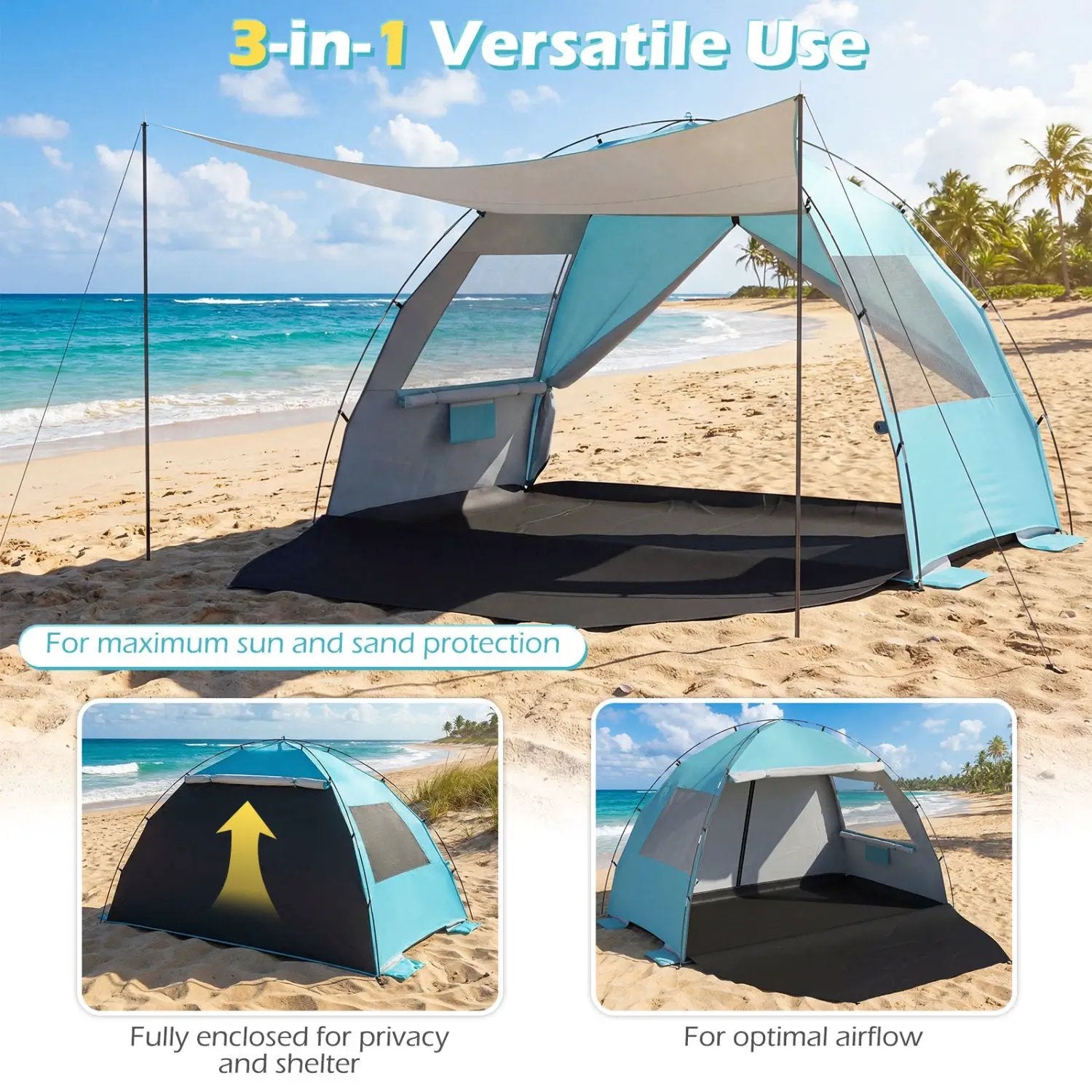 Beach Tent Sun Shelter with Canopy Pop-Up Easy Setup UPF50+ Sun Protection by DirectDeals