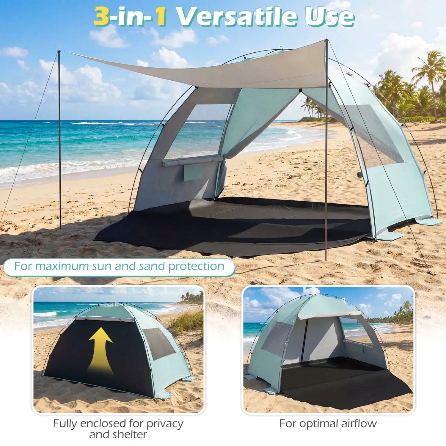 Beach Tent Sun Shelter with Canopy Pop-Up Easy Setup UPF50+ Sun Protection by DirectDeals