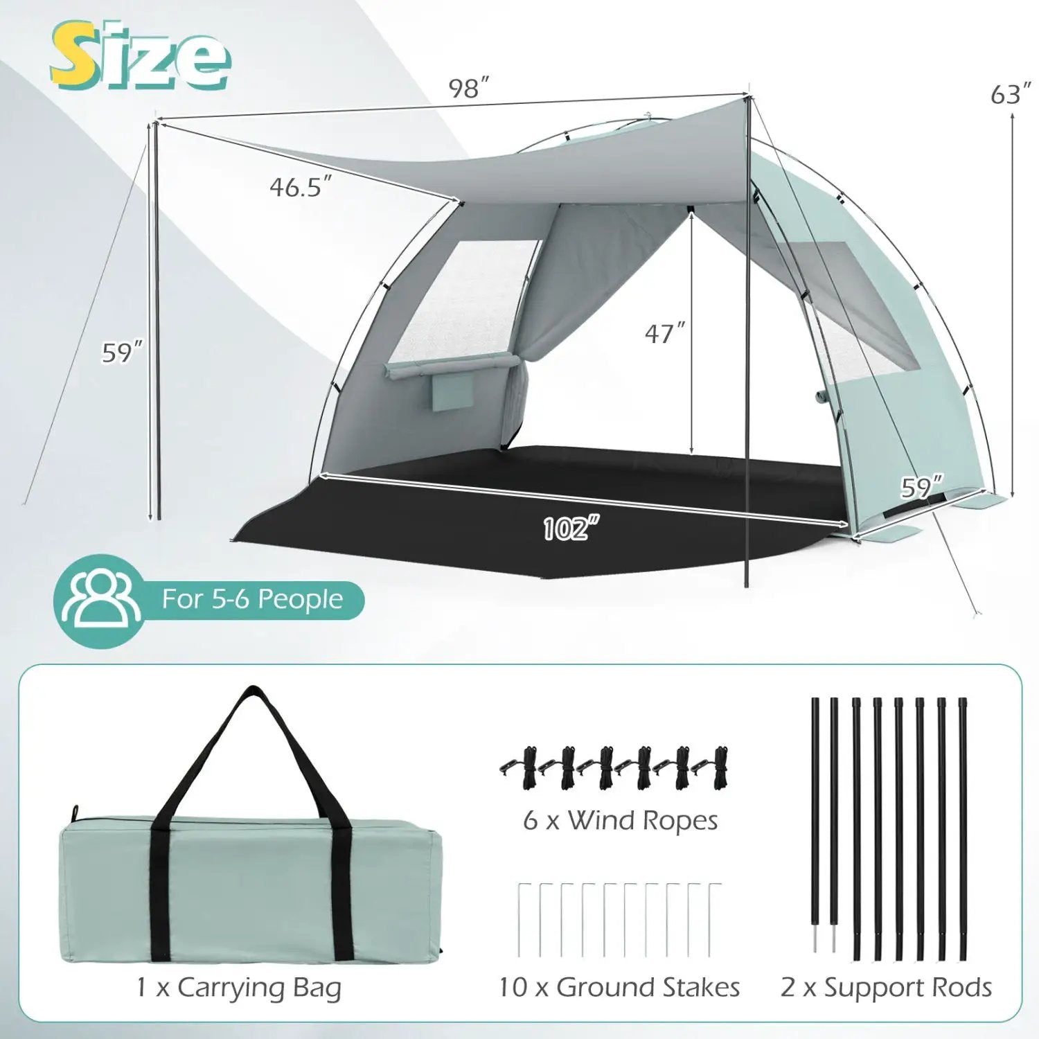 Beach Tent Sun Shelter with Canopy Pop-Up Easy Setup UPF50+ Sun Protection by DirectDeals