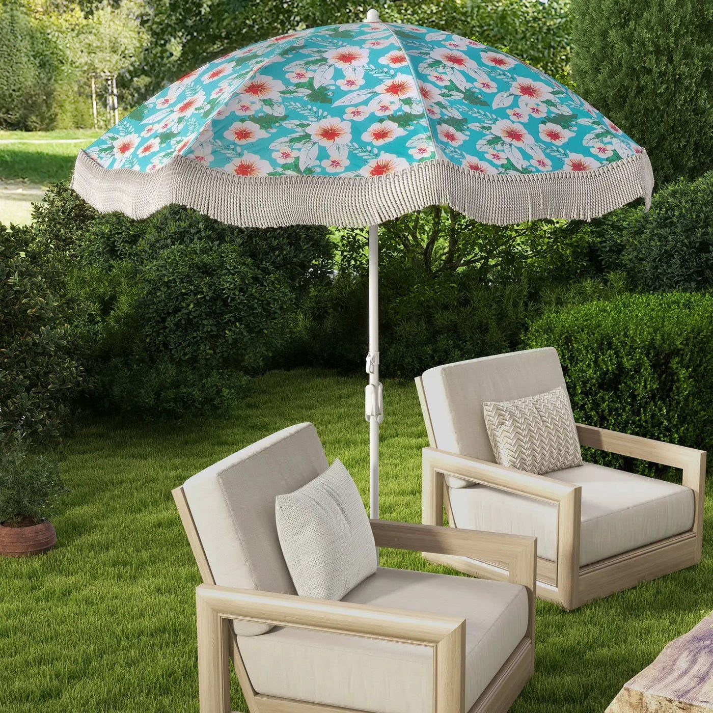 6.5 FT Beach Umbrella with Fringe Outdoor Tassel Umbrella with Push Button Tilt by DirectDeals