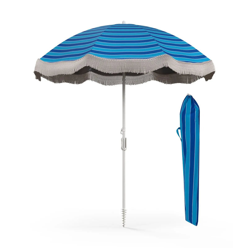 6.5 FT Beach Umbrella with Fringe Outdoor Tassel Umbrella with Push Button Tilt by DirectDeals