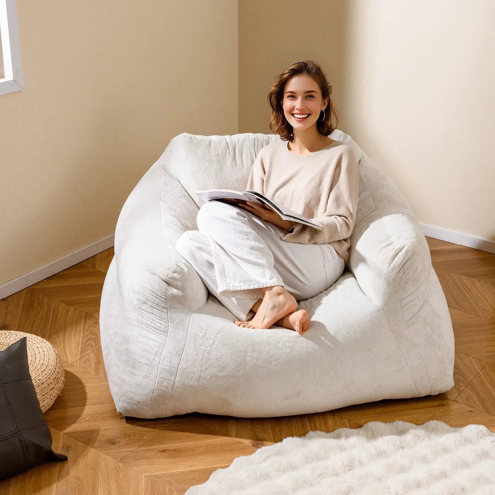 Bean Bag Chair Plush Lazy Sofa with Ultra-soft Velvet Cover-Beige by DirectDeals