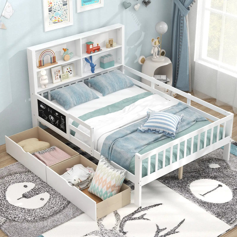 Twin/Full Size Bed Frame with 2 Drawers and Bookcase for Boys and Girls by DirectDeals