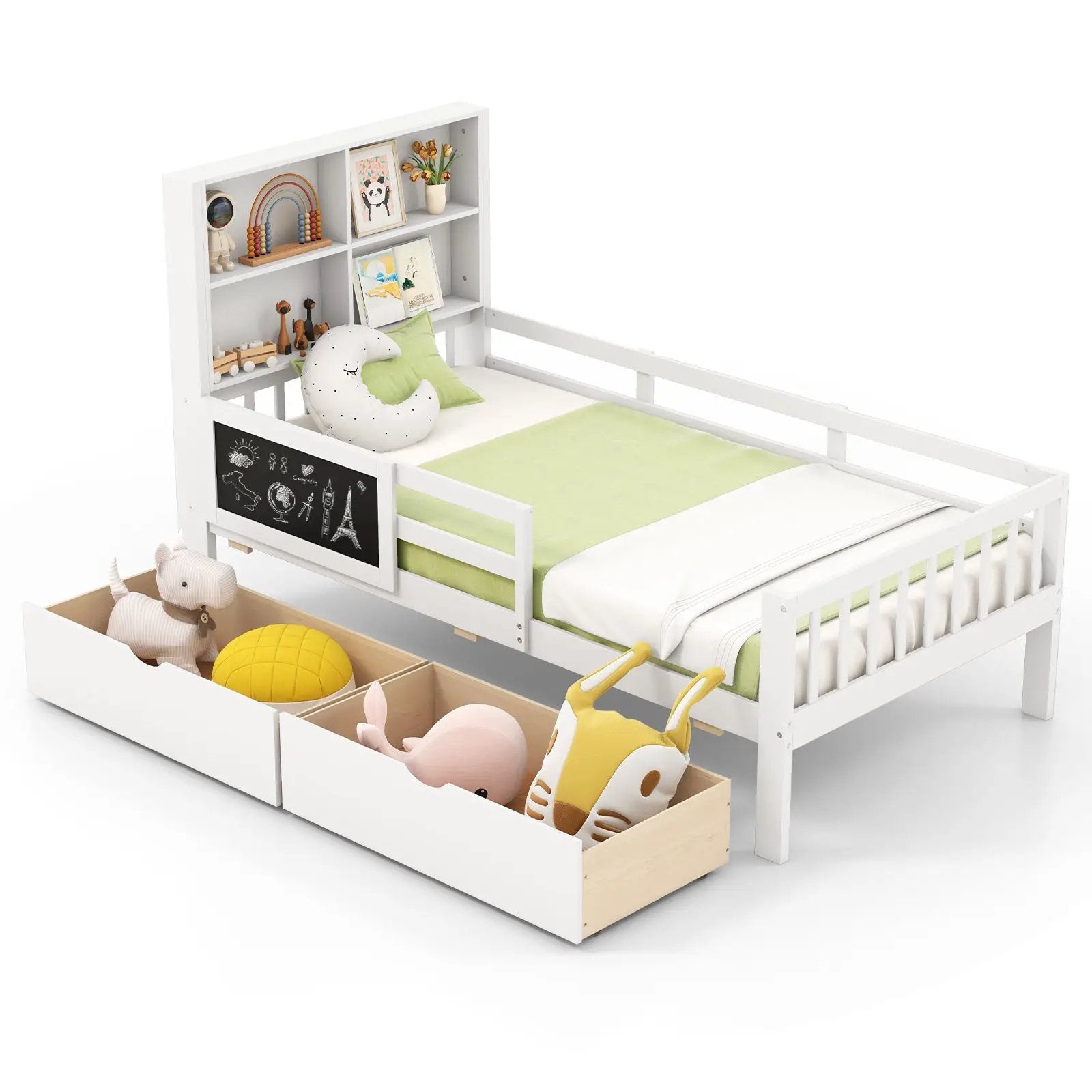 Twin/Full Size Bed Frame with 2 Drawers and Bookcase for Boys and Girls by DirectDeals
