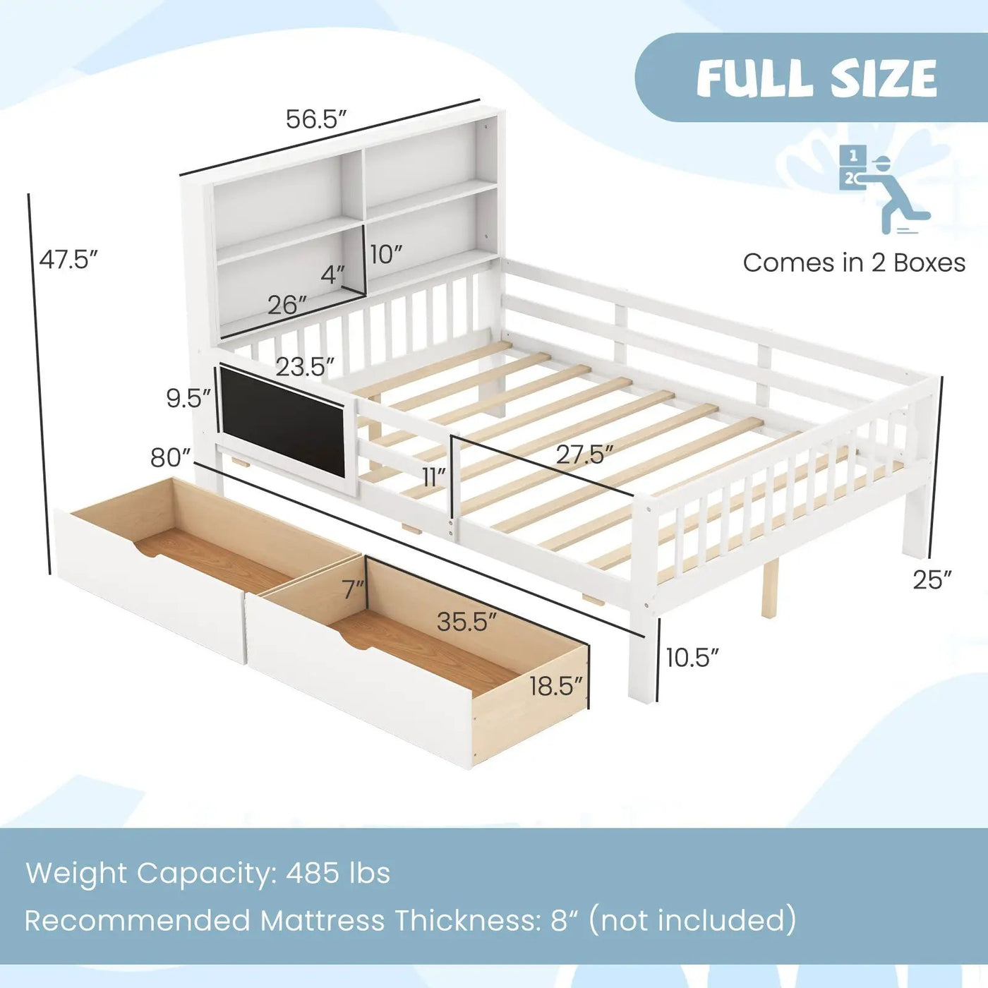 Twin/Full Size Bed Frame with 2 Drawers and Bookcase for Boys and Girls by DirectDeals
