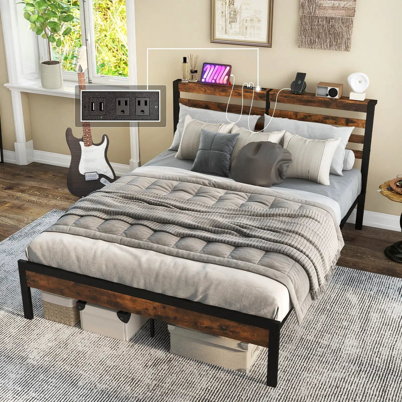 Full/Queen Size Bed Frame with Charging Station and Storage Headboard by DirectDeals