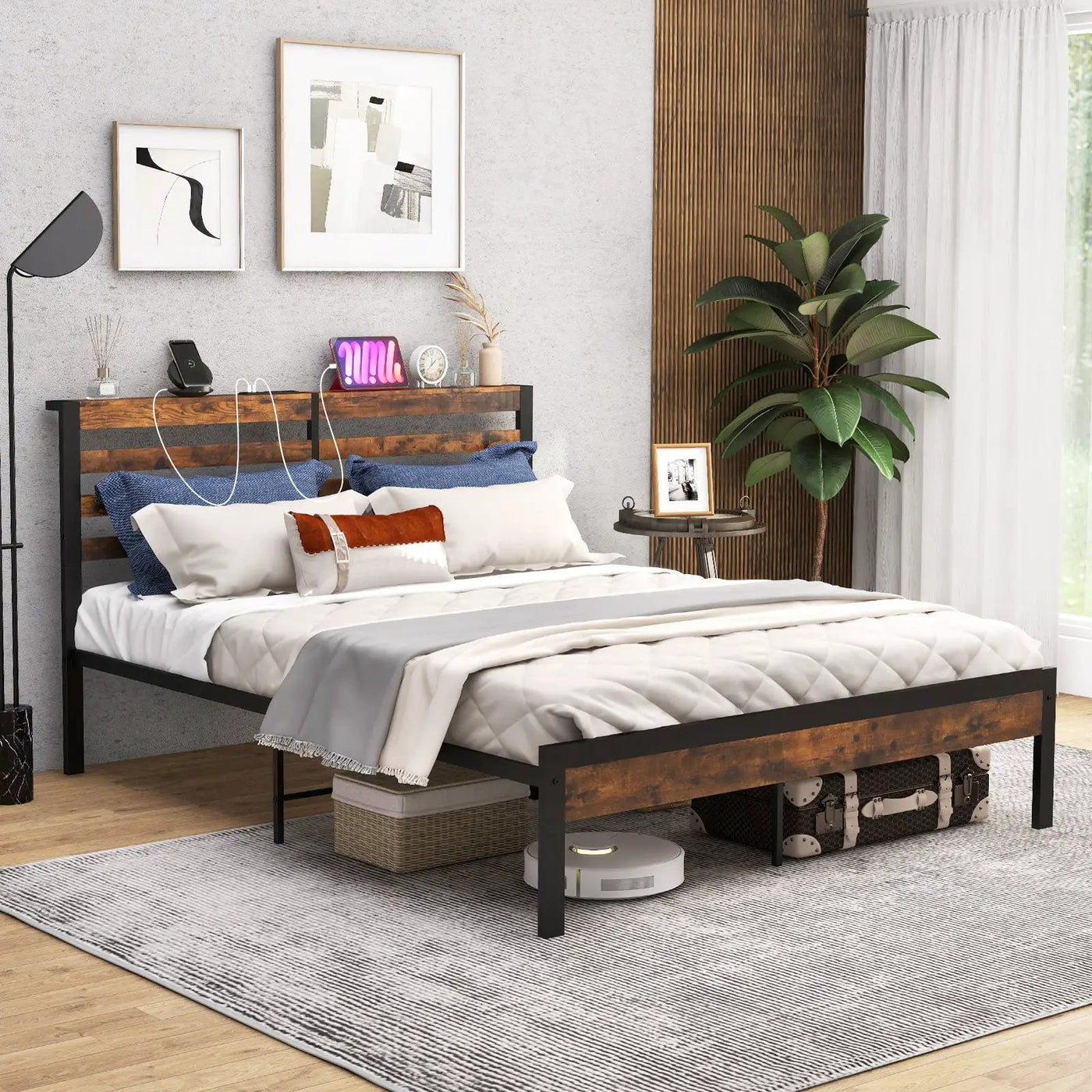 Full/Queen Size Bed Frame with Charging Station and Storage Headboard by DirectDeals