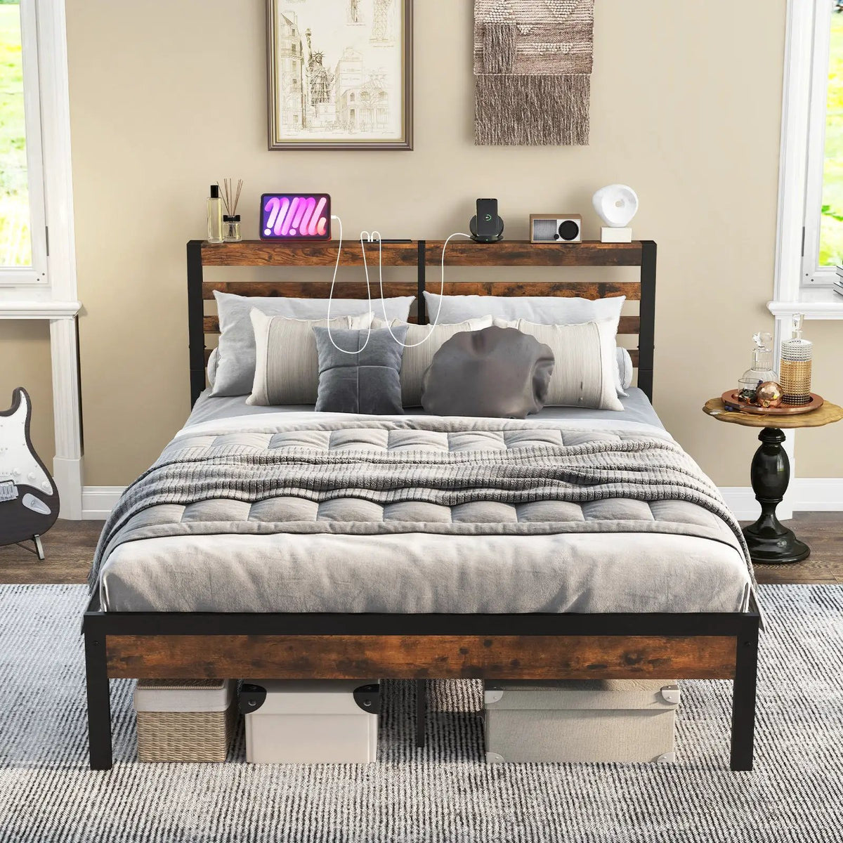 Full/Queen Size Bed Frame with Charging Station and Storage Headboard by DirectDeals