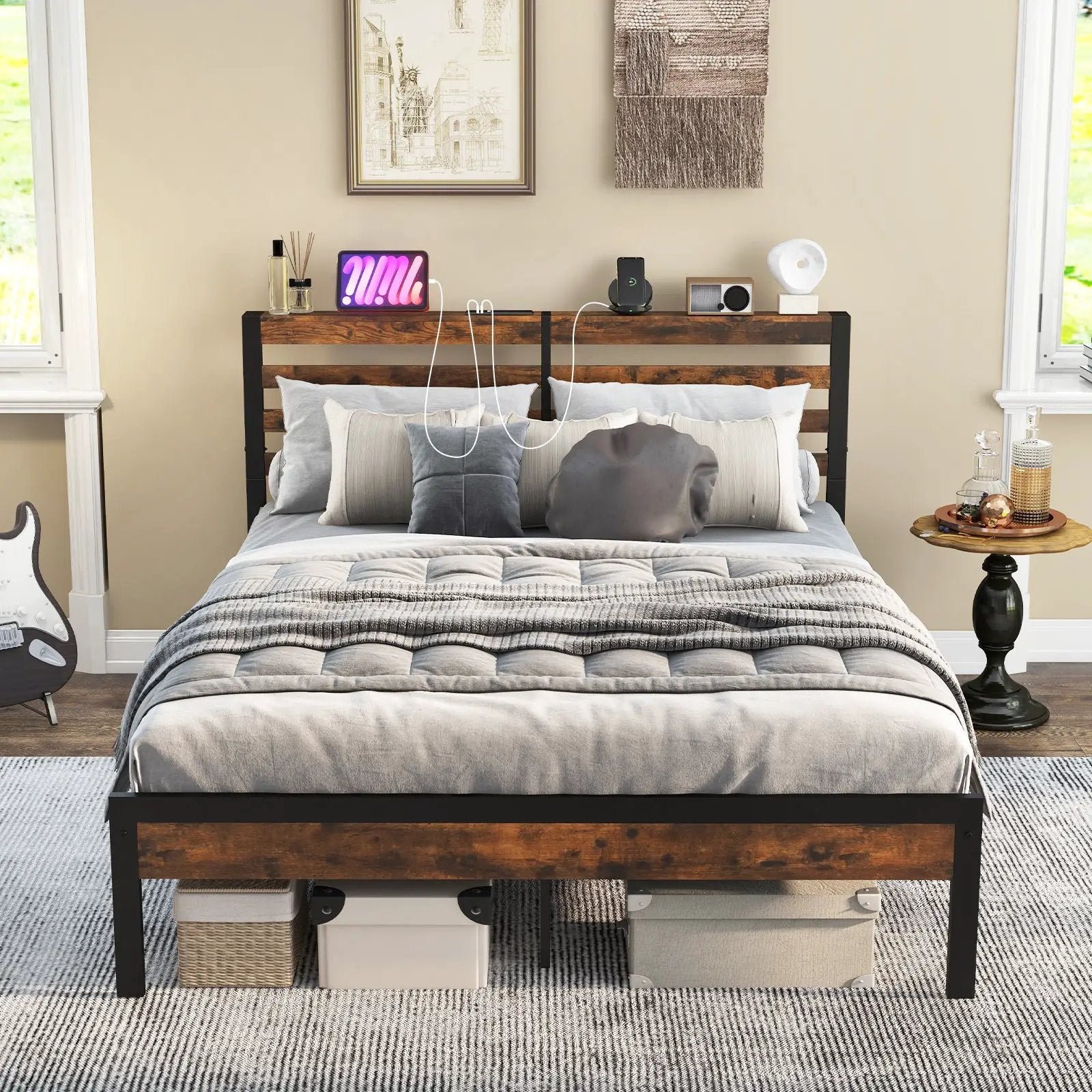 Full/Queen Size Bed Frame with Charging Station and Storage Headboard by DirectDeals