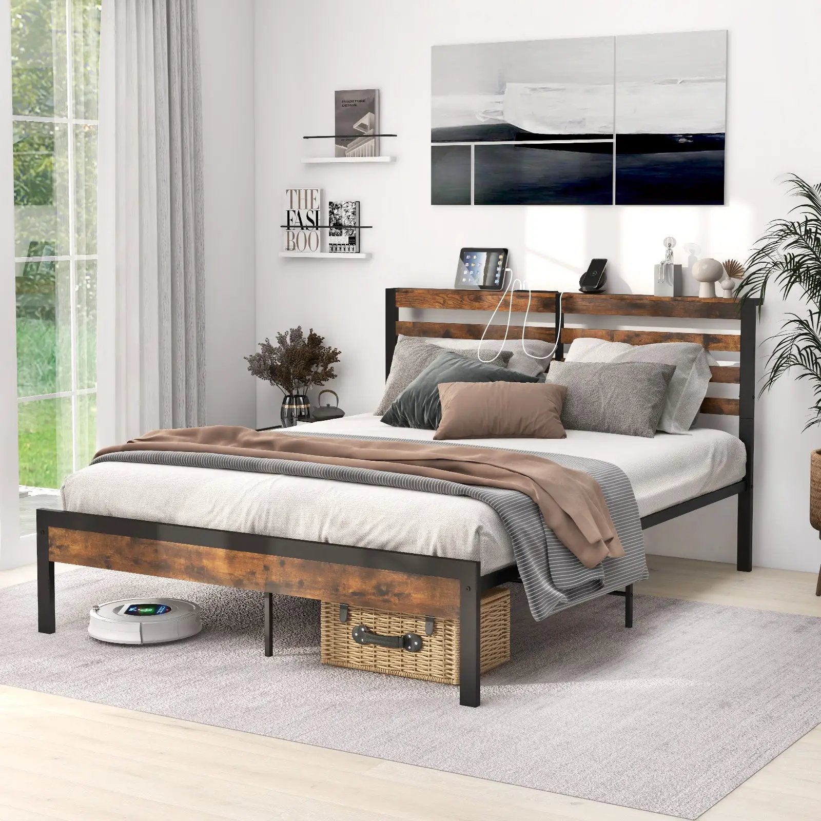 Full/Queen Size Bed Frame with Charging Station and Storage Headboard by DirectDeals