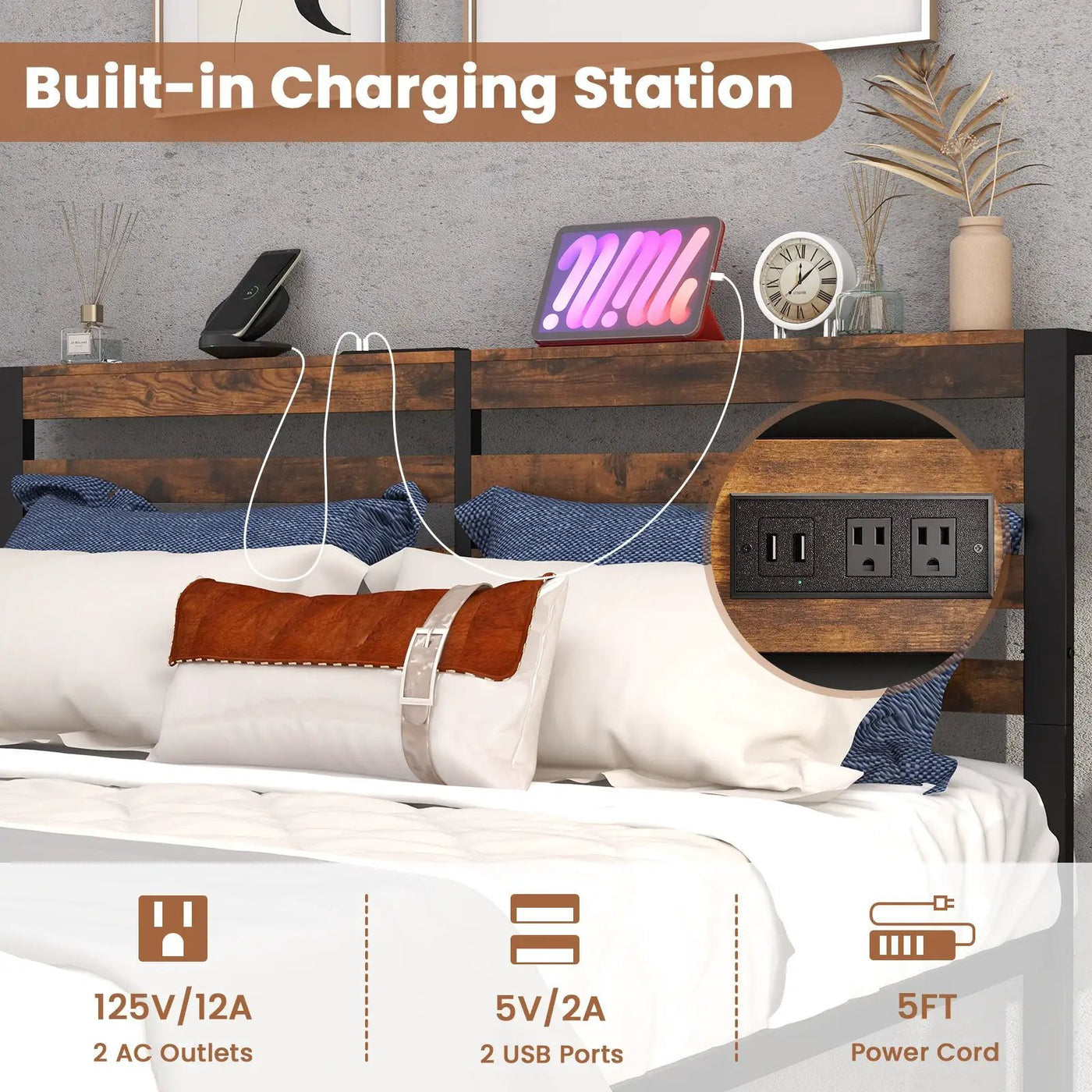 Full/Queen Size Bed Frame with Charging Station and Storage Headboard by DirectDeals