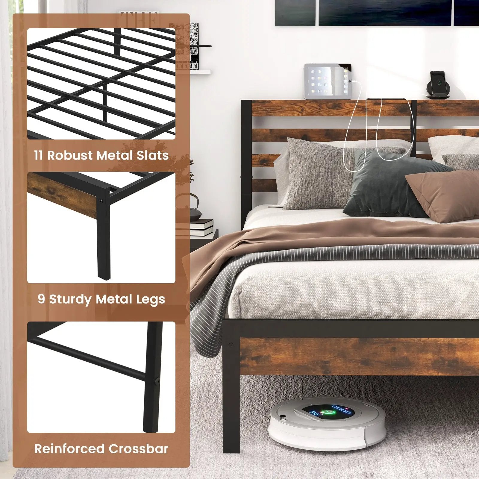 Full/Queen Size Bed Frame with Charging Station and Storage Headboard by DirectDeals