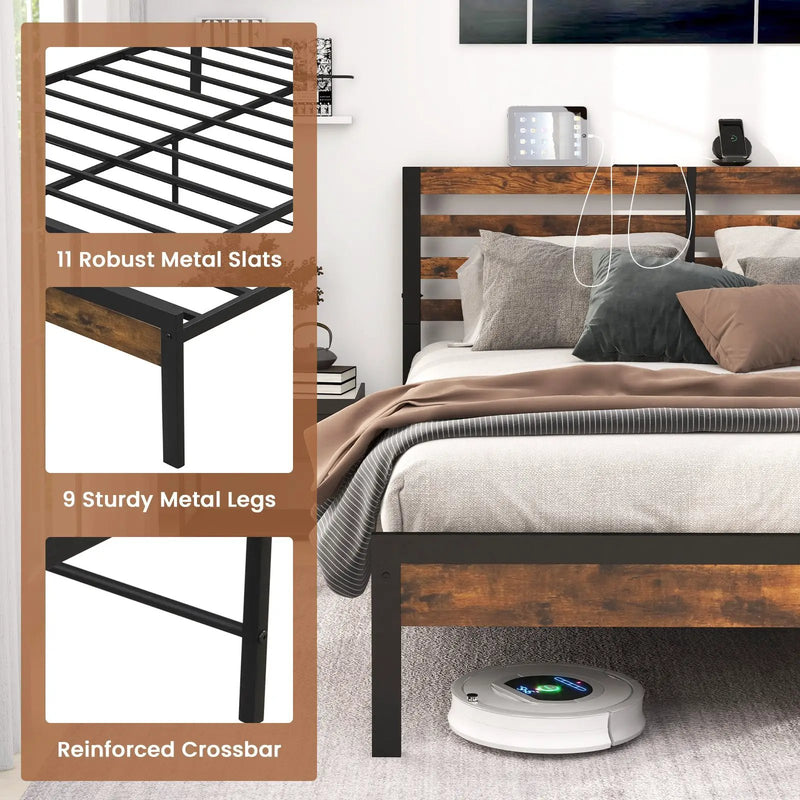 Full/Queen Size Bed Frame with Charging Station and Storage Headboard by DirectDeals