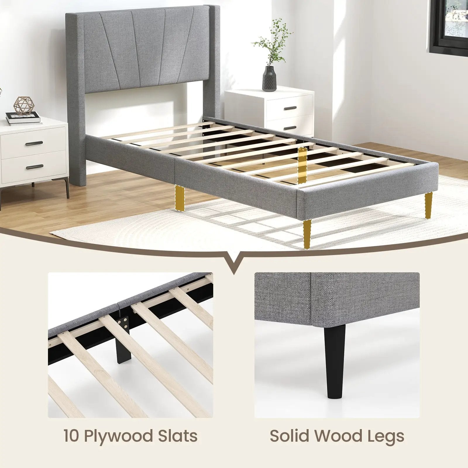 Twin/Queen Bed Frame with Linen Upholstered Wingback Headboard by DirectDeals
