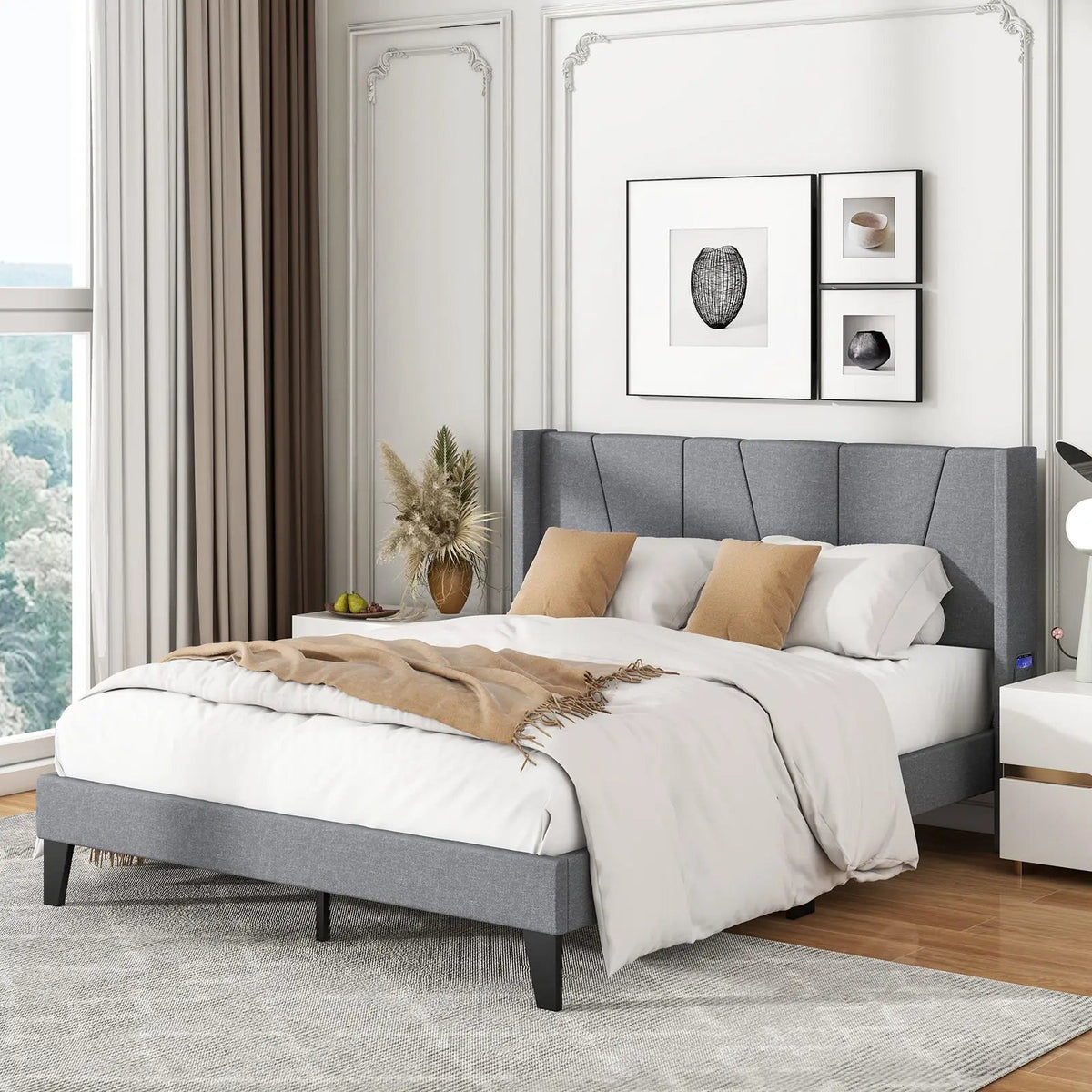 Full/Queen Size Bed Frame with Wingback Headboard and Wood Slat Support by DirectDeals