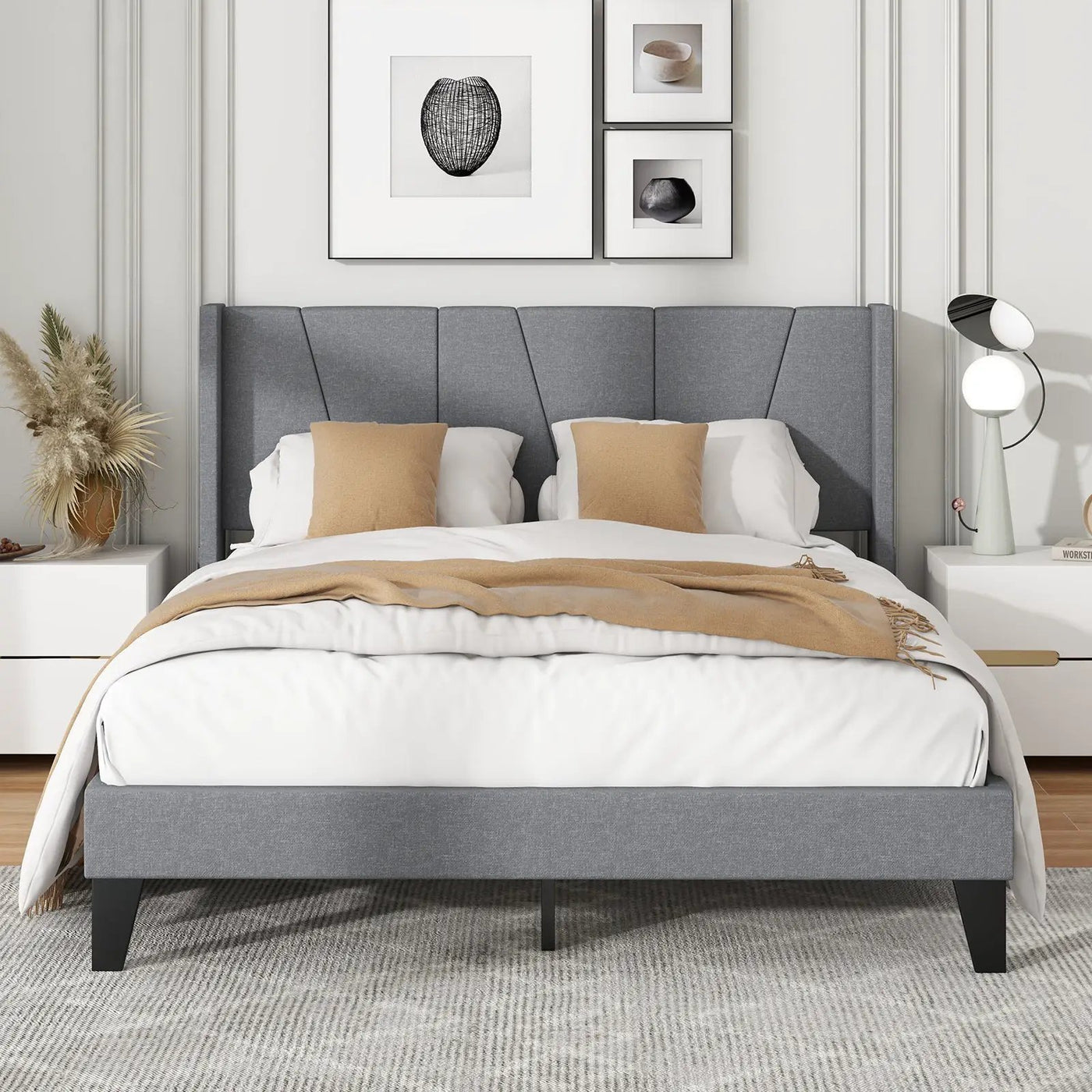 Full/Queen Size Bed Frame with Wingback Headboard and Wood Slat Support by DirectDeals