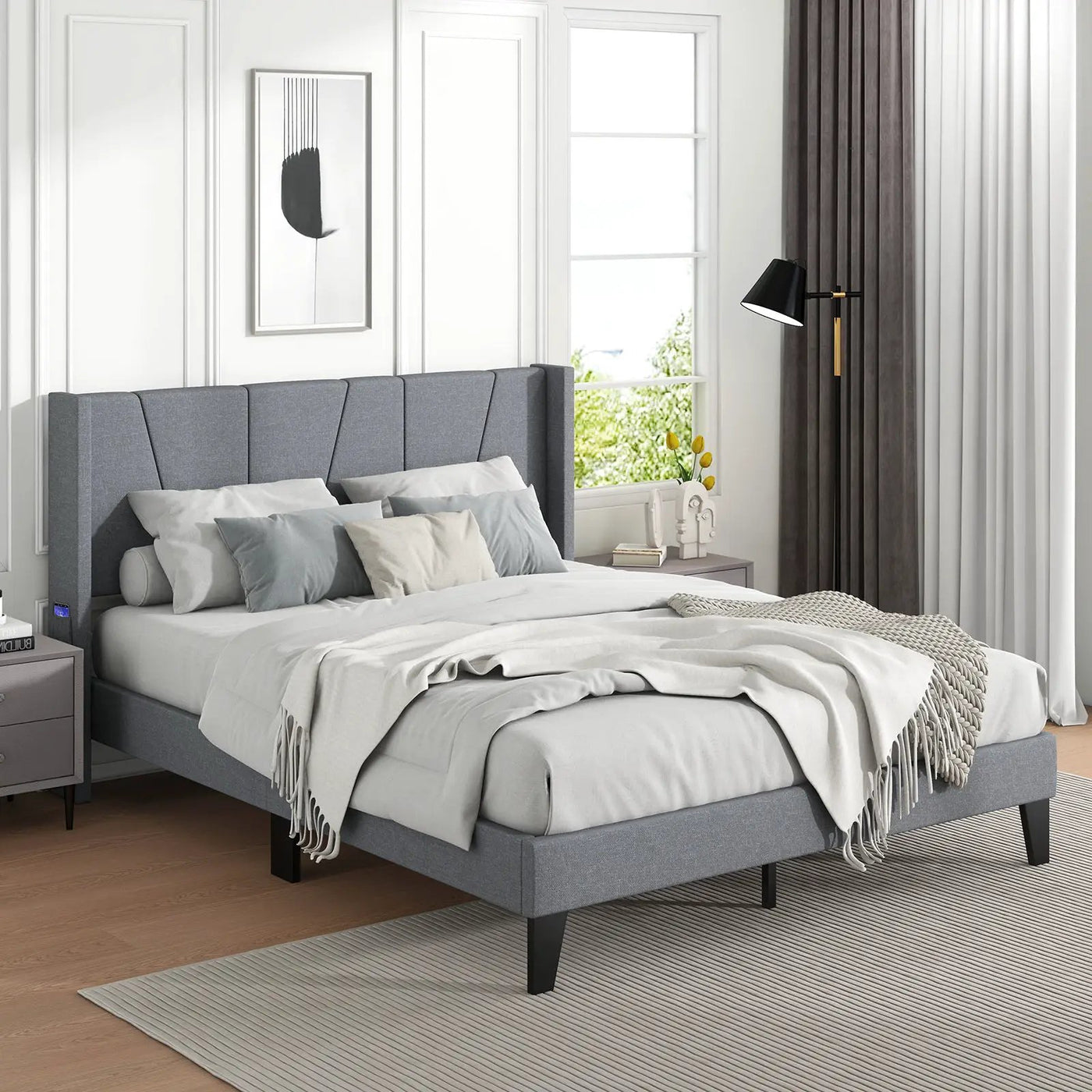 Full/Queen Size Bed Frame with Wingback Headboard and Wood Slat Support by DirectDeals