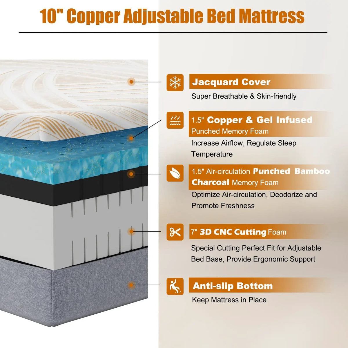 Bed Mattress Memory Foam Twin Size with Jacquard Cover for Adjustable Bed Base by DirectDeals