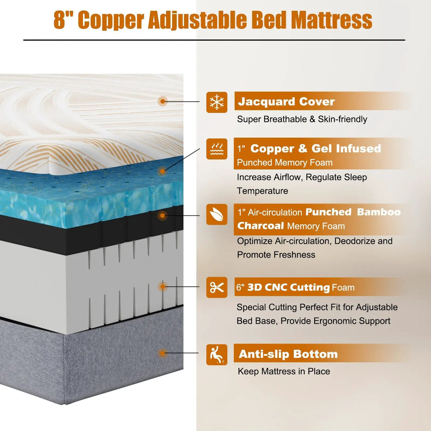 Bed Mattress Memory Foam Twin Size with Jacquard Cover for Adjustable Bed Base by DirectDeals