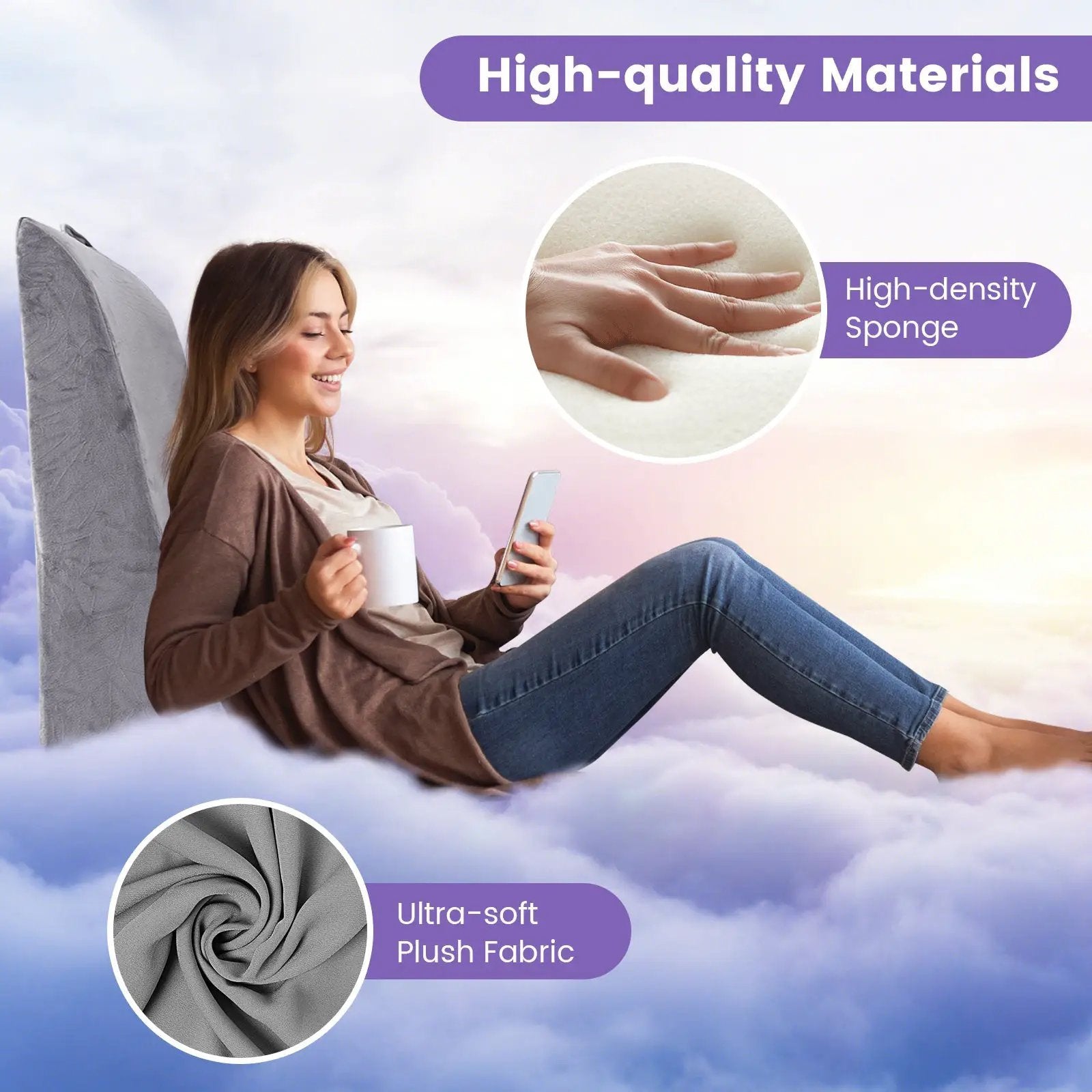 Bed Wedge Pillow Back Support Triangle Reading Pillow with Detachable Cover-Gray by DirectDeals