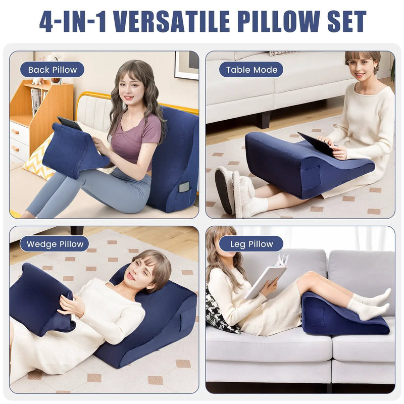 Bed Wedge Pillow with Tablet Pillow Stand and Side Pockets-Navy by DirectDeals