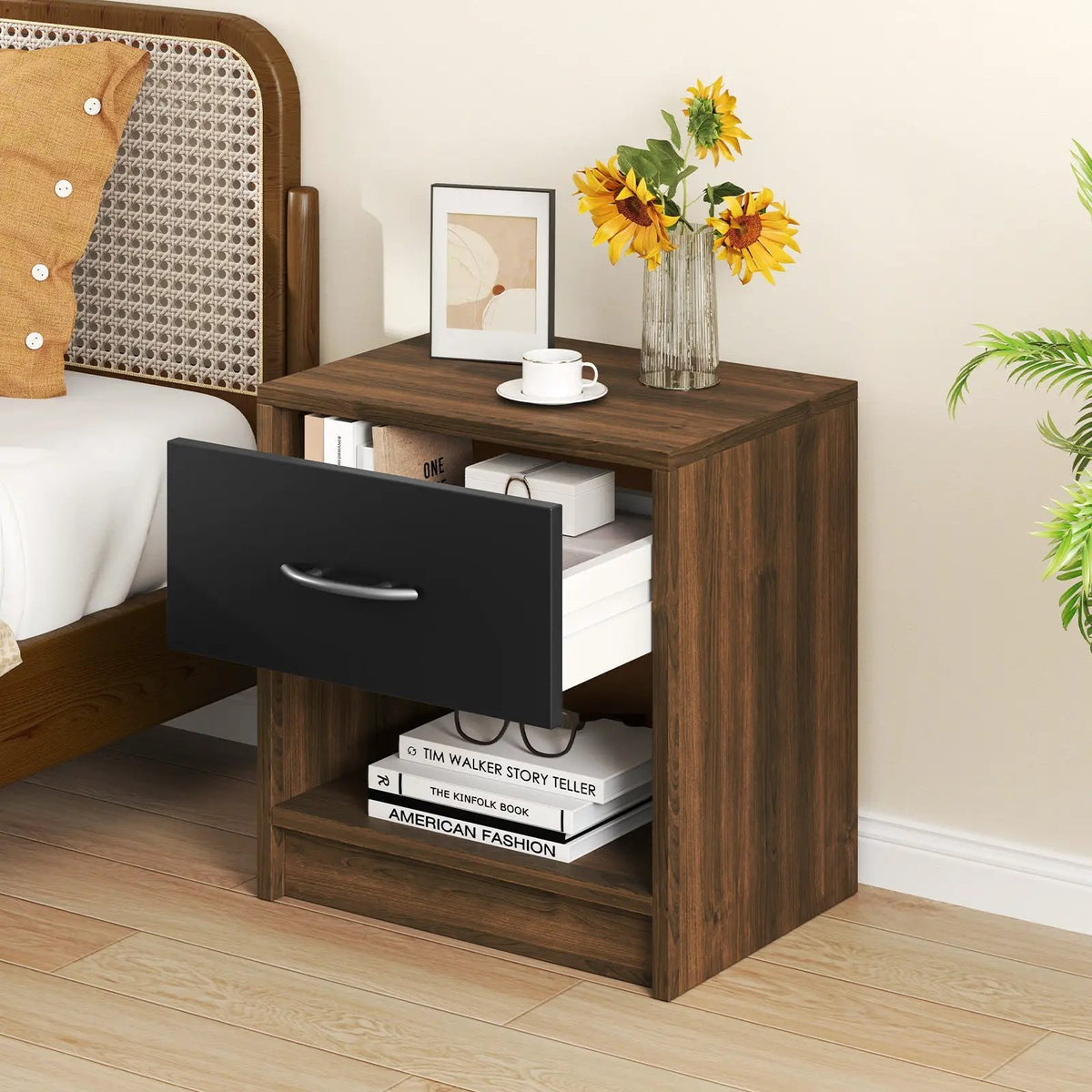 Bedside Table Nightstand with Drawer and Open Storage Shelf by DirectDeals