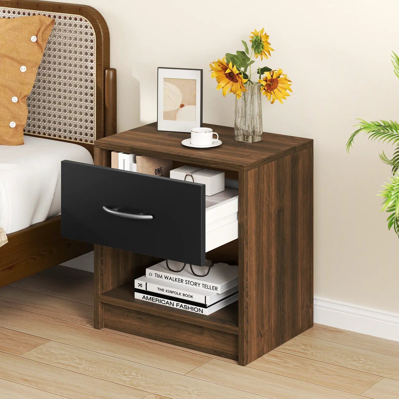 Bedside Table Nightstand with Drawer and Open Storage Shelf by DirectDeals