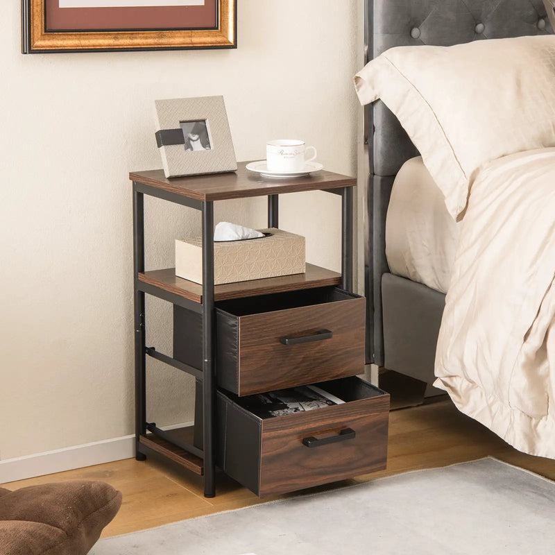 Bedside Table Set of 2 with Removable Fabric Drawers and Metal Frame-Walnut by DirectDeals