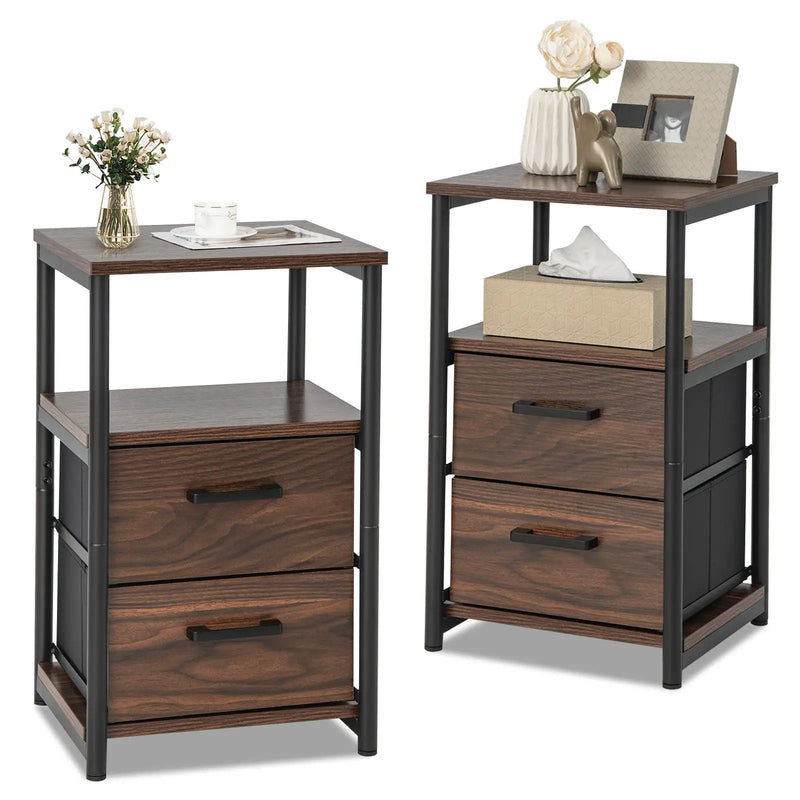 Bedside Table Set of 2 with Removable Fabric Drawers and Metal Frame-Walnut by DirectDeals